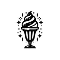 Elegant Black White Illustration Swirled Soft Serve Ice Cream Sundae in a Fancy Urn Surrounded by Sparkles and Dots, Isolated. vector