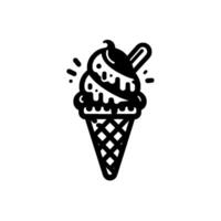 Monochrome Illustration of an Ice Cream Cone with Two Scoops, Drizzled Topping and a Spoon, Isolated on White. vector