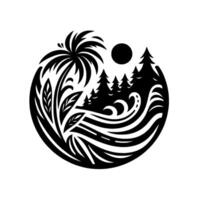 Black and white circular depicting a beach scene with palm tree, sun, forest, and ocean waves. vector