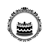 Monochromatic, ornate illustration of a layered cake within a decorative, circular floral frame. vector