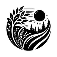 Stylized Black and White Circular Illustration of a Rural Landscape with Crops, Trees, Sun, and Fields. vector