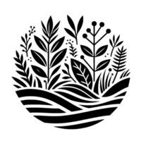 Black and white botanical illustration within a circle, featuring stylized plants, grasses, and undulating terrain, creating a symmetrical floral design. vector