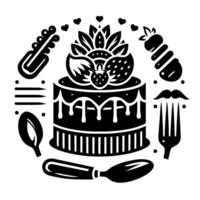 Black and white circular cake illustration, adorned with strawberries, leaves, and surrounding utensils and symbols of culinary delight. vector