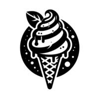 Monochrome Ice Cream Cone with Mint Leaf, Drizzling Melted Soft Serve in a Circular Design, Featuring Dotted Embellishments. vector