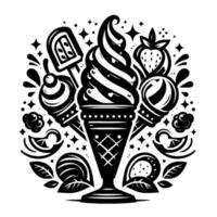 Black and White Composition of Ice Cream Cones, Popsicles, Fruits, and Decorative Elements Arranged in a Circular Pattern with Starburst Accents. vector