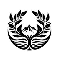 Elegant black and white circular emblem featuring mountain peaks nestled within ornate foliage and leaf patterns, suggesting natures tranquility. vector