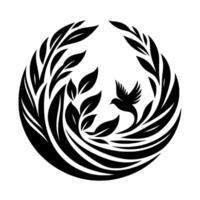 Intricate black and white circular of a bird in flight, surrounded by stylized leaves, creating a harmonious and elegant emblem. vector