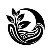 A minimalist black and white emblem depicting a plant with leaves intertwined within a stylized oceanic wave and moon crescent, symbolizing natures harmony. vector