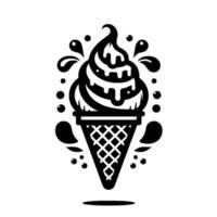 Bold Black and White Illustration of a Detailed Swirling Ice Cream Cone with Droplets and a Shadow, Set Against a Plain White Backdrop. vector