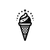 Stylized Monochrome Illustration of an Ice Cream Cone Topped with Swirl and Star Motif, on a white background. vector