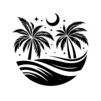 Silhouette of two palm trees on a stylized island under a crescent moon and stars, evoking a tranquil tropical night. vector
