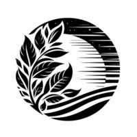 Black and White Circular with Branch of Leaves, Celestial Elements and Abstract Landscape vector