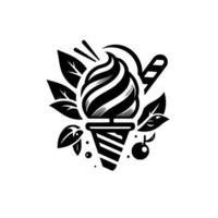 A Stylized Black and White Ice Cream Cone surrounded by leaves, cherries, and a striped stick, creating a decorative and whimsical design. vector