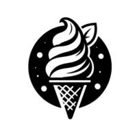 A stylized grayscale ice cream cone with soft serve, a mint leaf, and a textured circular background, evoking a retro dessert vibe. vector