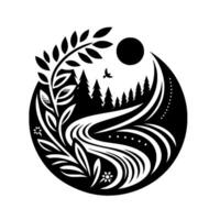 Black and White Circular Silhouette of a Serene Landscape with Forest, River, Foliage, Bird, and Moon. vector