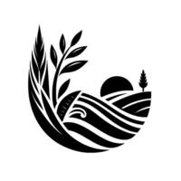 Symbolic monochrome farm scene Wheat, fields, sun, tree, and leaves arranged in a halfcircle, representing growth and nature. vector