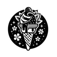 Stylized Black White Ice Cream Cone Composition in a Circular Frame with Floral and Star Embellishments. vector