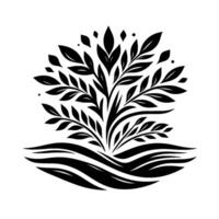 Abstract black ink illustration of a stylized plant with swirling lines at the base, surrounded by a clean white background. vector