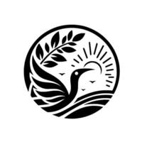 A stylized black and white circular emblem featuring a swan carrying an olive branch over water, with a sun rising in the background. vector