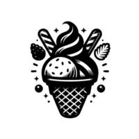 Art A Classic Ice Cream Cone with Swirls, Berries, Wafers, and Decorative Elements in Black and White vector
