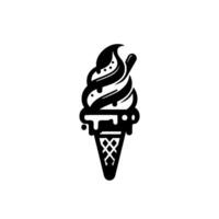 Minimalist Black and White Illustration of a Melting Ice Cream Cone with a Swirled Topping, Dripping Effect. vector