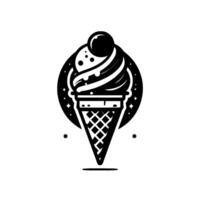 Black and White Illustrated Ice Cream Cone, Set Against a Starry Circle, Simple vector