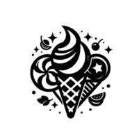 Artistic Black and White Ice Cream Cone with Swirls, Lollipop, and StarShaped Fruit, Dotted with Sparkling Accents vector