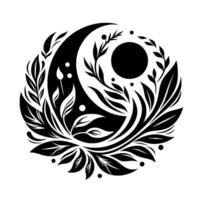 Elegant YinYang Style Celestial and Floral in Black and White, Featuring Crescent Moon, Sun, Leaves, and Dots. vector