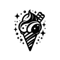 Abstract Black and White Ice Cream Cone with Swirls, Chocolate Bar, Stars, and Bubbles in Style. vector