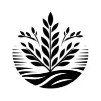 Stylized Black and White of Wheat with Leaves, Enclosed in a Circle with Earth and Sky Elements. vector