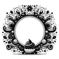 Ornate Monochrome Floral Frame with Cupcake Elegant, Decorative, Circular Design, and a central space. vector