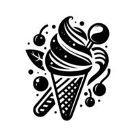 A whimsical black and white illustration of an ice cream cone, adorned with cherries, lollipop, leaf, and dots. vector