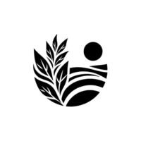 Stylized black and white featuring a leafadorned plant and a sun over cultivated fields within a rounded shape. vector