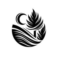 Black and white minimalist nature featuring a crescent moon, stylized waves, and palm fronds enclosed within an oval shape. vector