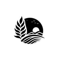 Black and white minimalist design, featuring wheat, rolling fields, sunrisesunset, and flying birds within a circle. vector