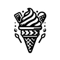 Artistic Black and White Ice Cream Cone Illustration with Detailed Swirls, Toppings, and a Waffle Cone Design, Isolated on White. vector