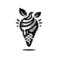 Black and White Illustrated Ice Cream Cone with Leaves, Dripping Soft Serve and Decorative Elements on White Background vector