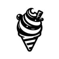 Monochromatic ice cream cone illustration with swirled cream, wafer and decorative candies, set against a white background. vector