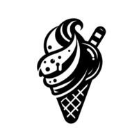 Monochrome, Stylized Ice Cream Cone Swirling SoftServe with Dripping Texture, Wafer Cone, and a Wooden Spoon. vector