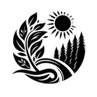 Stylized black and white nature scene within a circle tree, sun, evergreen trees, and flowing river. vector