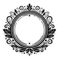 Intricate Black and White Circular Floral Frame with Ornate Leafy Elements, and a Striking Concentric Ring Detail, for Elegant Embellishments. vector