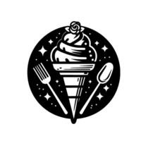 Artistic black and white featuring a stylized ice cream cone, rose, fork, and spoon in a starry circle. vector