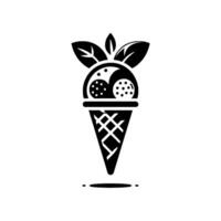 Minimalist Black and White Ice Cream Cone with Three Scoops, Leaf Decoration, and Shadow. vector