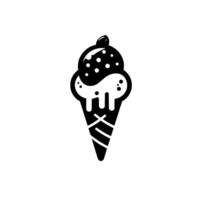 A minimalist, black and white illustration of an ice cream cone with dotted ice cream, complete with a topping, a shadow, and a simple design. vector
