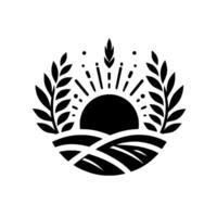 Black and white stylized featuring a sunburst over rolling fields, flanked by wheat and leafy branches, evoking harvest and nature. vector