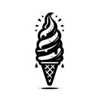 A stylized, monochrome illustration featuring a towering, dripping swirl ice cream cone, adorned with dots and splatters. vector