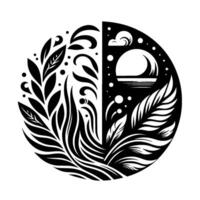 YinYang style illustration Circular artwork of contrasting natural elements, botanical design, moon and sunset theme. vector