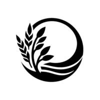 Black and white stylized illustration of wheat and barley inside a partially enclosed circular shape, symbolizing agriculture and harvest. vector