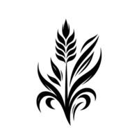 Stylized Black and White Wheat with Decorative Leaves and Swirls on a Plain White Background vector