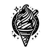 Monochrome Illustration of a Delicious Ice Cream Cone with Cherries, Surrounded by Sparkles, in a Clean and Playful Style. vector